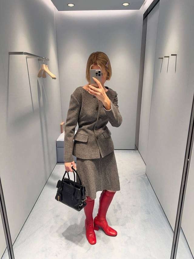 Skirt Jacket Miumi* 25Fw New Autumn/Winter Grey Waisted Wool Tweed Jacket + Ski