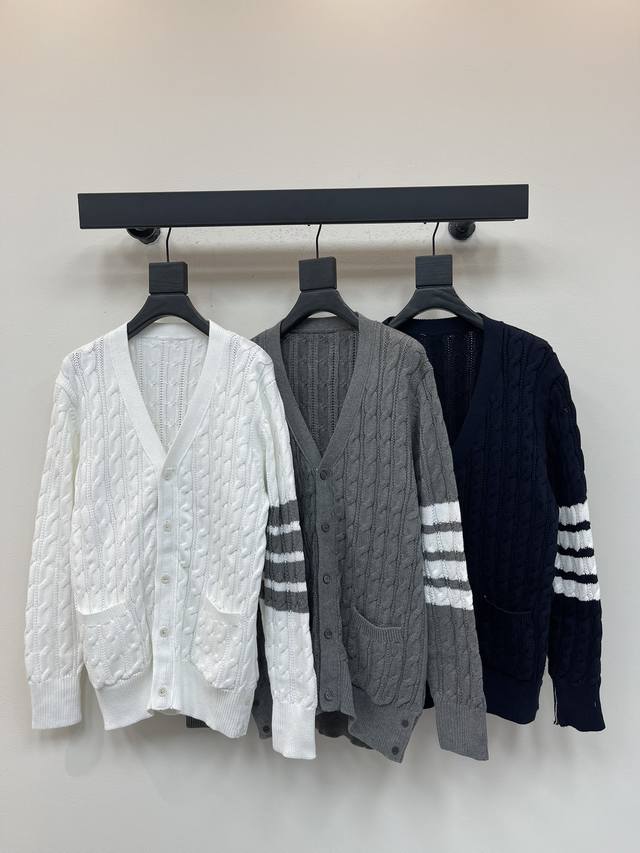 Tb*New preppy-style V-neck cable-knit cardigan with colorblocked four-bar wool b