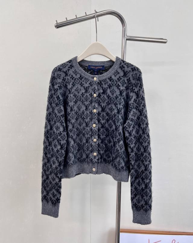 Louis Vuitton jacquard monogram wool and cashmere knit cardigan. The monogram lo