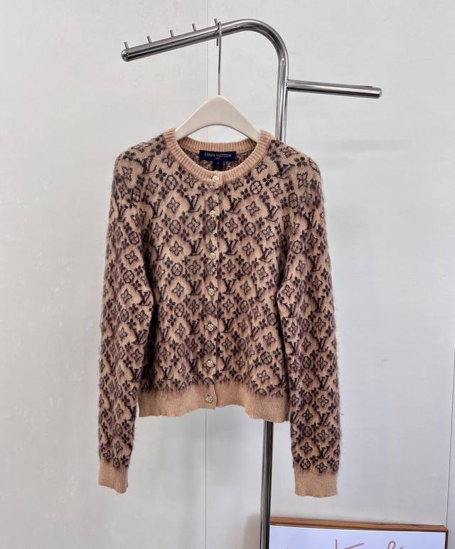 Louis Vuitton jacquard monogram wool and cashmere knit cardigan. The monogram lo