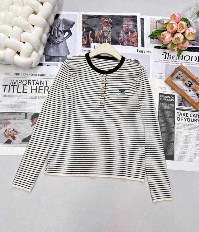 Celine 2025Fw classic knit top with pinstripe logo button. High-quality custom-m
