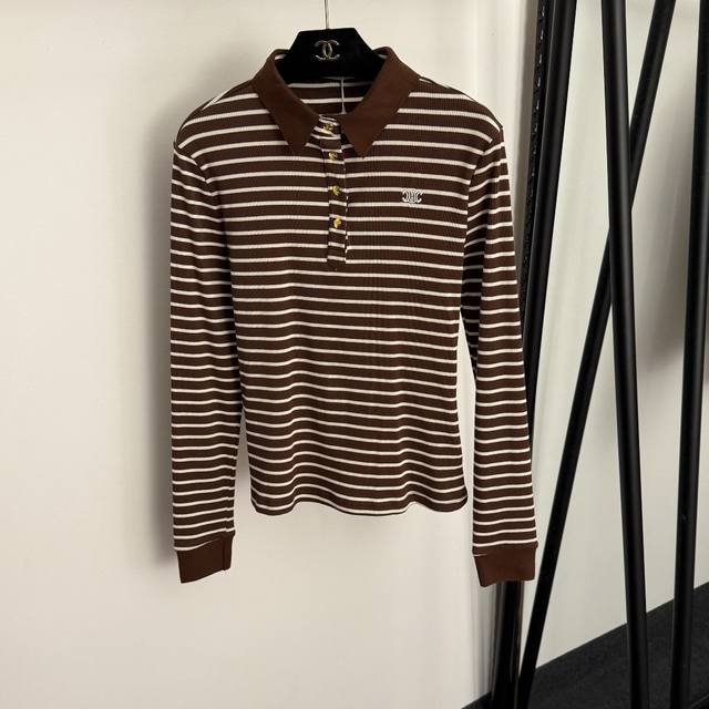 Style No. 20255829 Celin*'s new logo gold-button polo collar long-sleeved strip