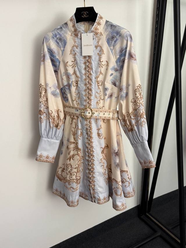 Style No. 20255808 Zimmermann's new retro blue floral print stand-up collar wai