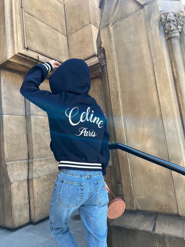 Celin* 25Fw new fall/winter high-end navy blue hooded fleece jacket | Exclusive