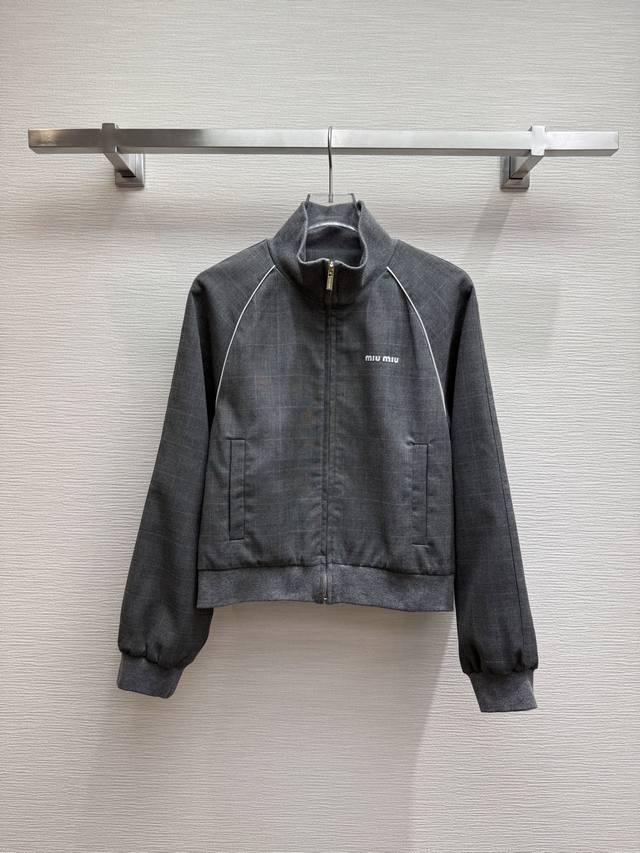 Miumi* 25Ss new gray plaid jacket with thread stitching design and letter embroi