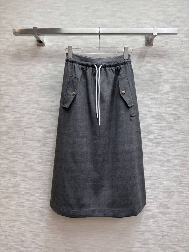 Miumi* 25Ss new gray plaid skirt with drawstring waist and letter embroidery, st
