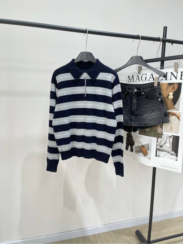 M Blue-gray wide striped polo half-zip sweater., Fabric: Cashmere blendColor: Bl