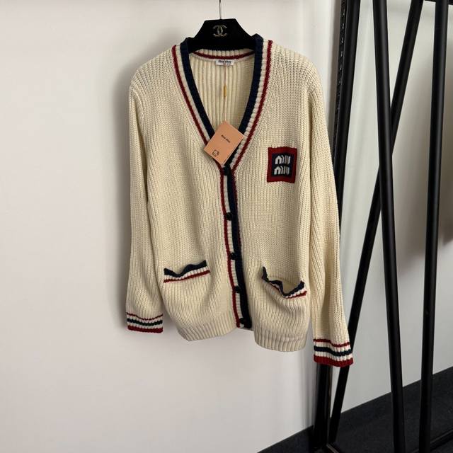 Style No. 20255779 Miumi* new logo patch contrast striped V-neck long-sleeved k