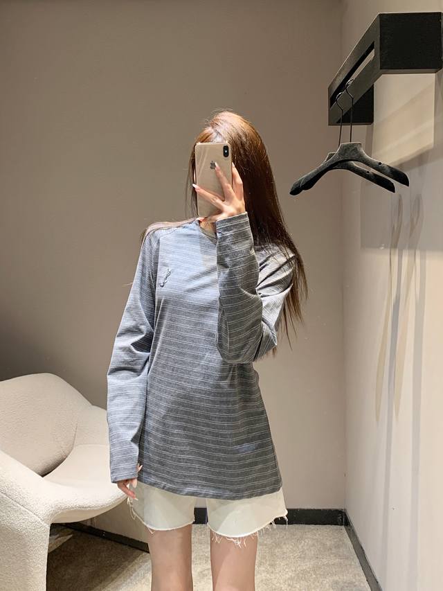 Saint Laur*Nt 25Fw Early Fall New Minimalist Striped Long-Sleeve T-Shirt with Em