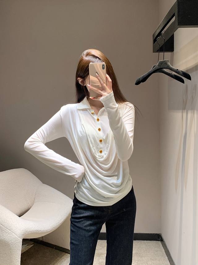 Chane* 25Fw Early Fall new polo flared-collar stretch long-sleeved T-shirt | Exc