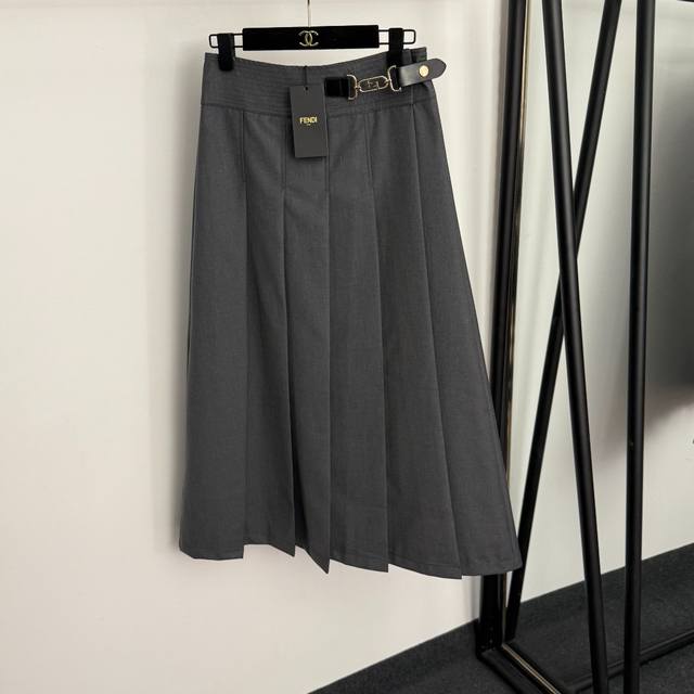 Style No. 20255728 Fend* new metal leather buckle high waist pleated skirt, gra