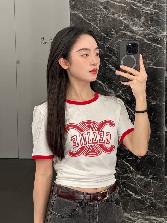 Celin* 25Fw's new early fall logo print and colorblock cotton round neck short-s