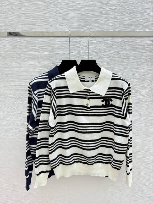 Ch's early autumn new contrast striped lapel knitted long sleeve Color: white ro