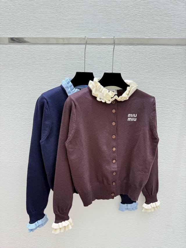 M's early autumn new contrast color ruffle knitted long-sleeved cardigan Color: