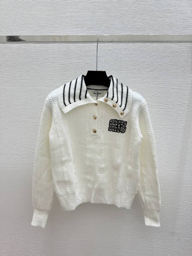 M's early autumn new striped lapel knitted long sleeve Color: White Size: 36.38.