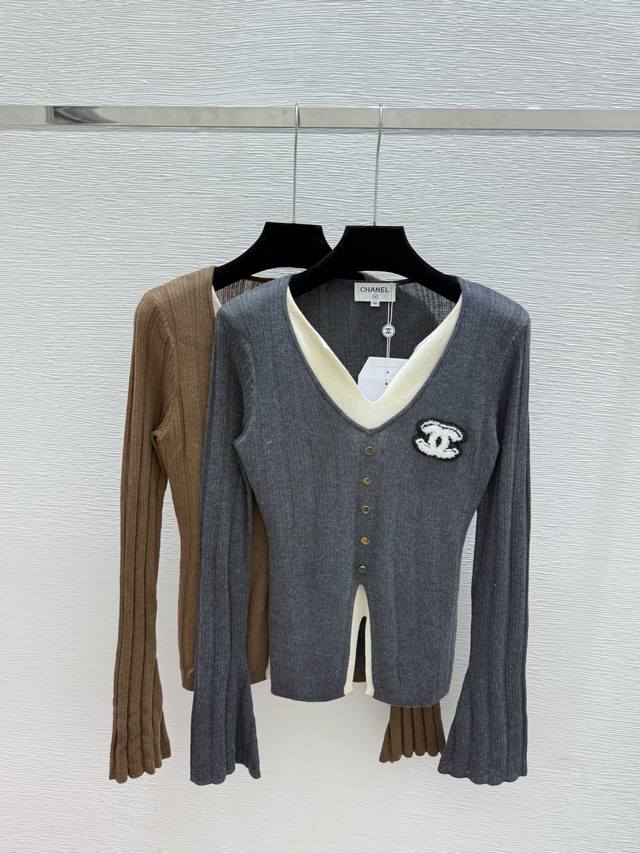 Ch's early autumn new colorblock V-neck knitted long sleeve Color: Gray Coffee S