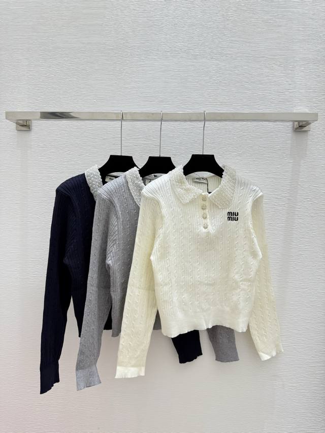 M's early autumn new beaded lapel knitted long sleeve Color: white gray royal bl