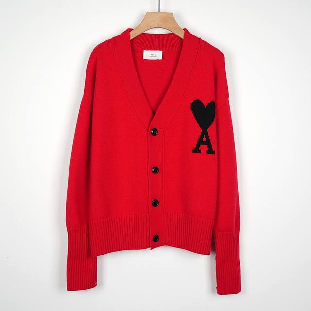Ami new color red with black heart wool V-neck four-button cardigan, loose versi