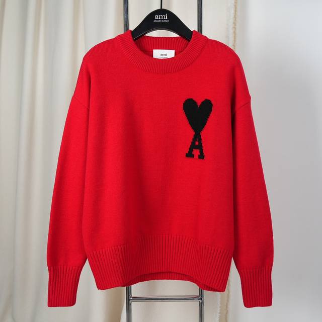 Ami classic wool series big heart round neck pullover sweater, loose version uni