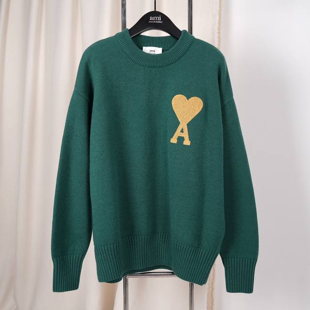 Ami classic wool gold big heart embroidered round neck pullover sweater, Sml