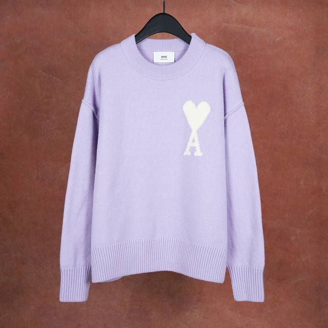Ami wool new color classic white heart bone round neck pullover sweater, unisex