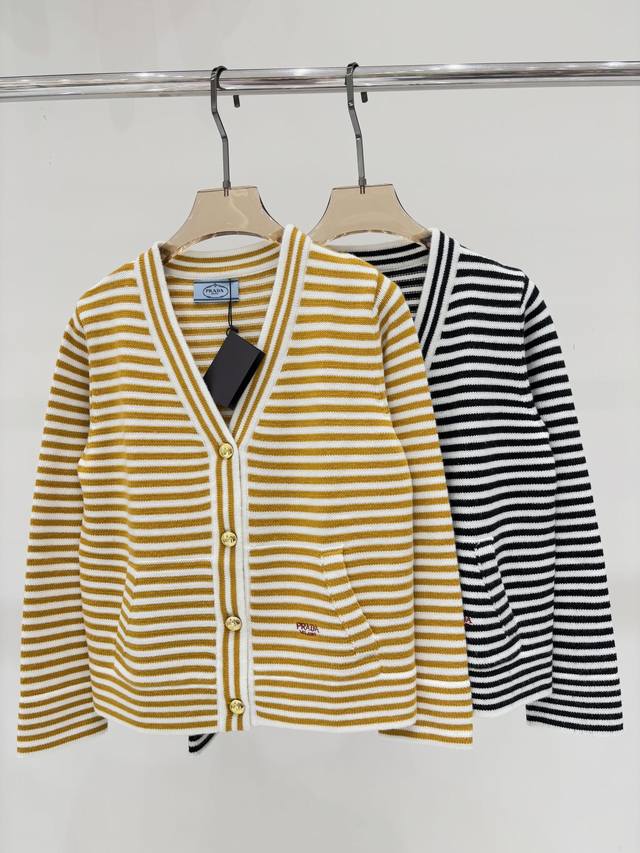 Prada Cardigan | 25 Early Autumn New V-neck Letter Logo Embroidery Stripes Cont