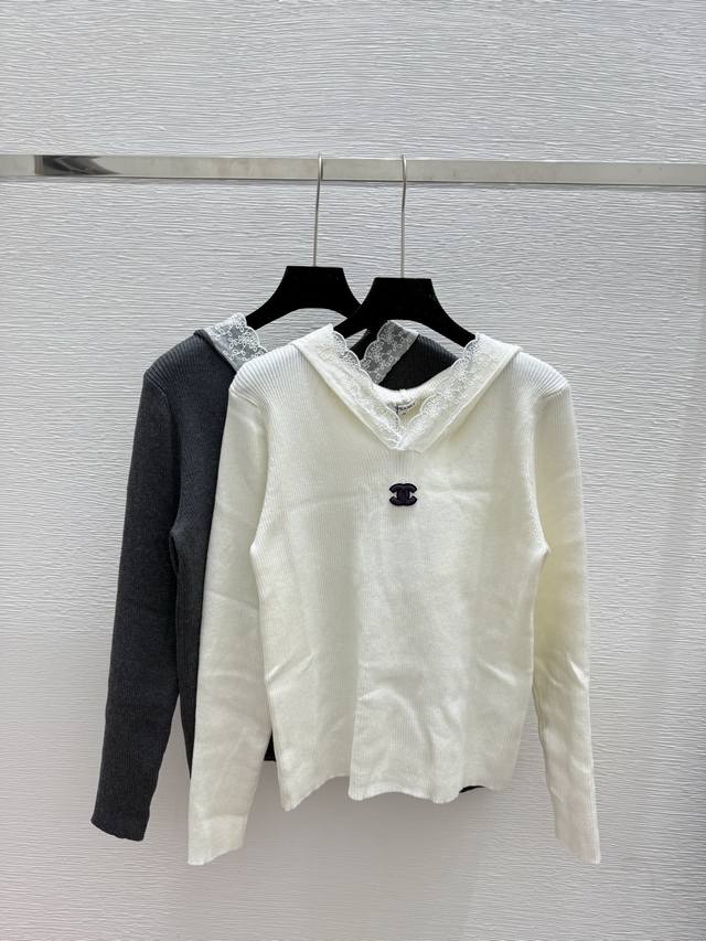 Ch's early autumn new style hooded lace knitted long sleeves Color: white gray S