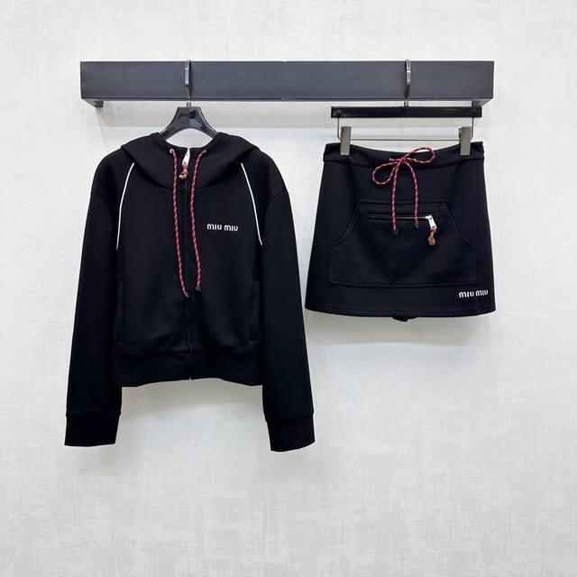 Miumi*2025 new arrivals: cable-drawstring hooded jacket and miniskirt set. Custo