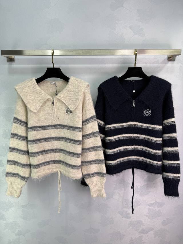 Loe*25 Early Fall new striped knit polo neck sweater with chest logo embroidery.
