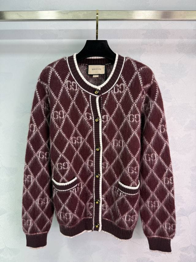 Gucc* 2025 Early Fall new diamond jacquard round-neck knitted long-sleeved cardi