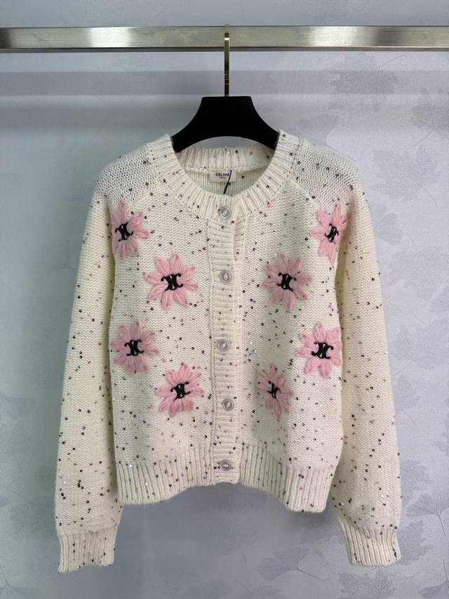 Ce*25 New early autumn knitted cardigan with off-white background, embellished w