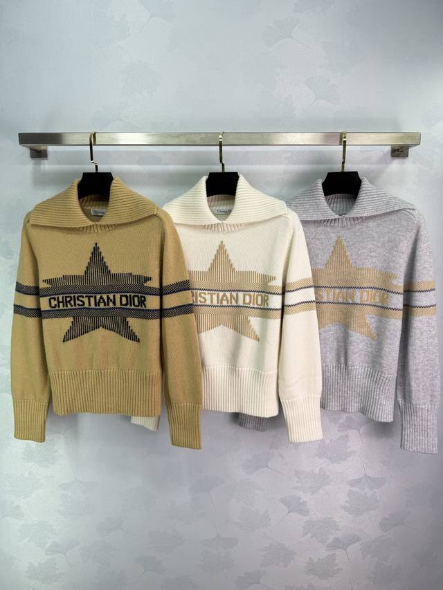Dio*25 Early Fall new five-pointed star knitted sweater with lapel design, gold