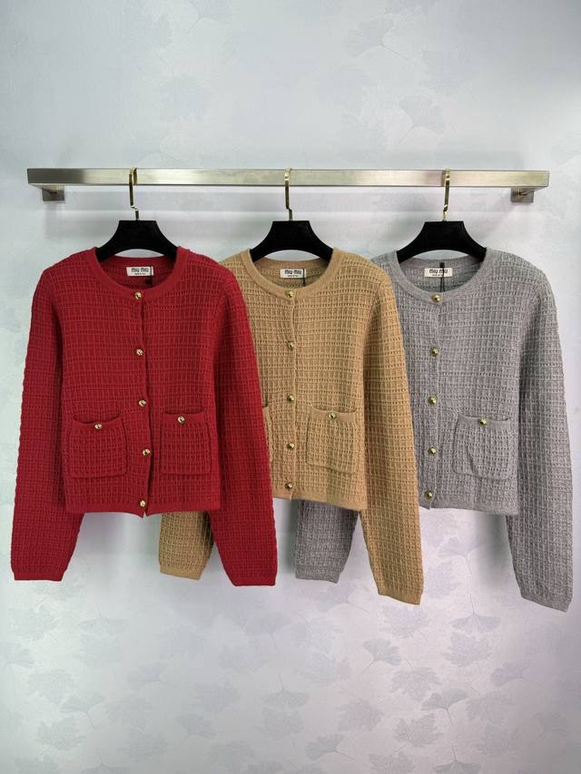 Miu*25 Early Fall New Chanel Style Knit Cardigan. Gold Buttons and Double Pocket