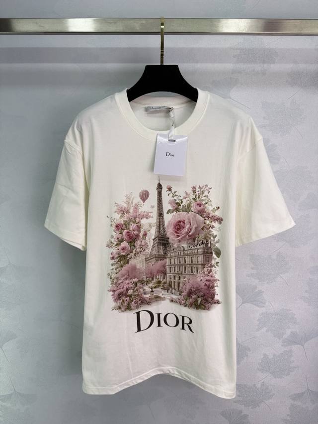 Dio*25 New Early Fall Floral Print Short-Sleeve T-Shirt. Stunning Eiffel Tower a