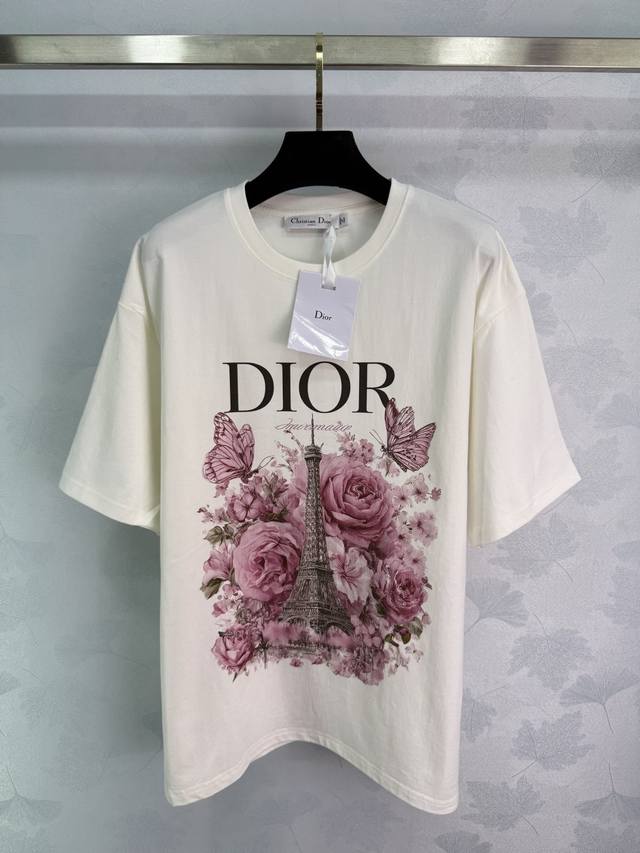 Dio*25 Early Autumn new floral Eiffel Tower print T-shirt, pure cotton fabric, e