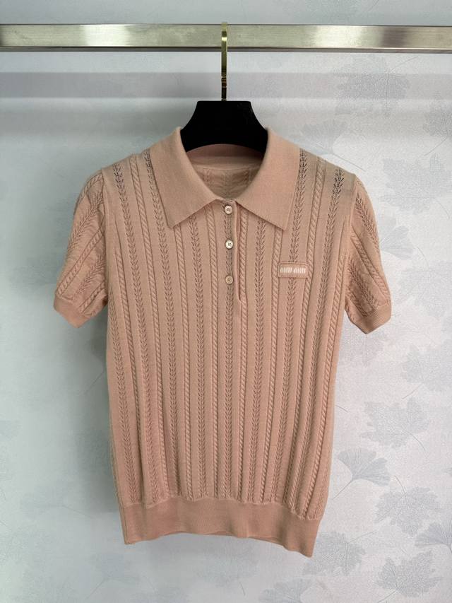 Miumi*2025 Early Fall new hollow knit lapel short-sleeve top! Custom-woven from