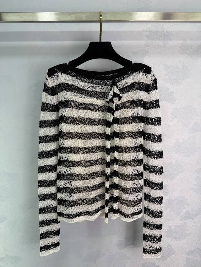 Dio* 25Fw Early Fall New Black and White Striped Blend Hollow Knit Long-Sleeve T
