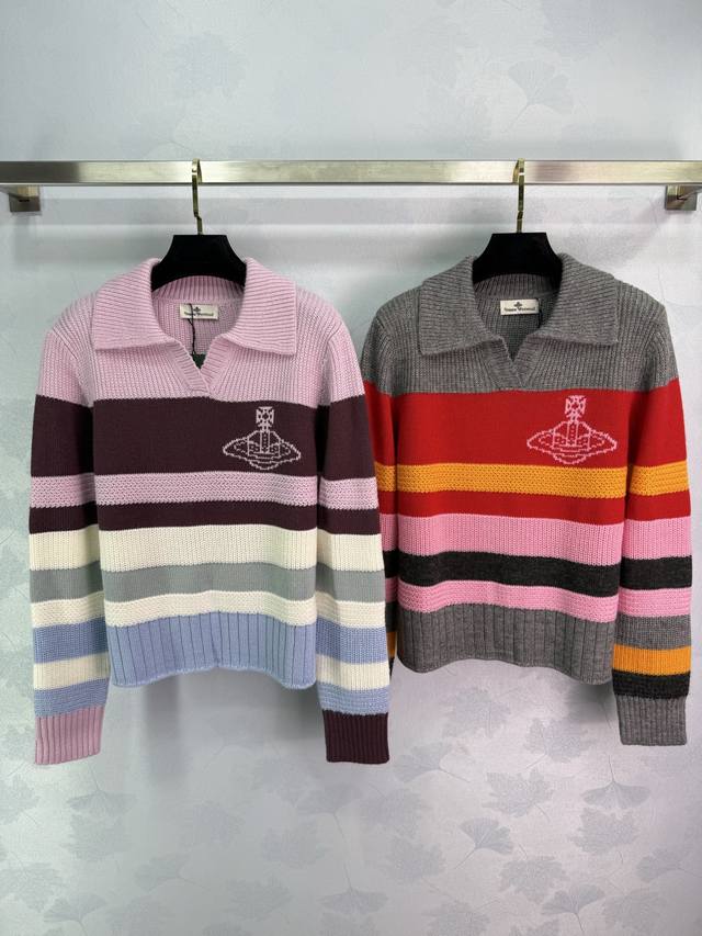 Queen Mother's Striped Sweater in pink and gray. Stand collar design. Classic p