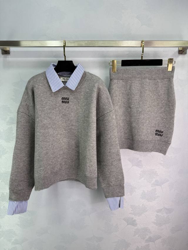 Miu*25 Early Fall new faux two-piece sweater set paired with a blue striped shir