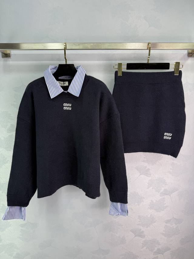 Miu*25 Early Fall new faux two-piece sweater set paired with a blue striped shir