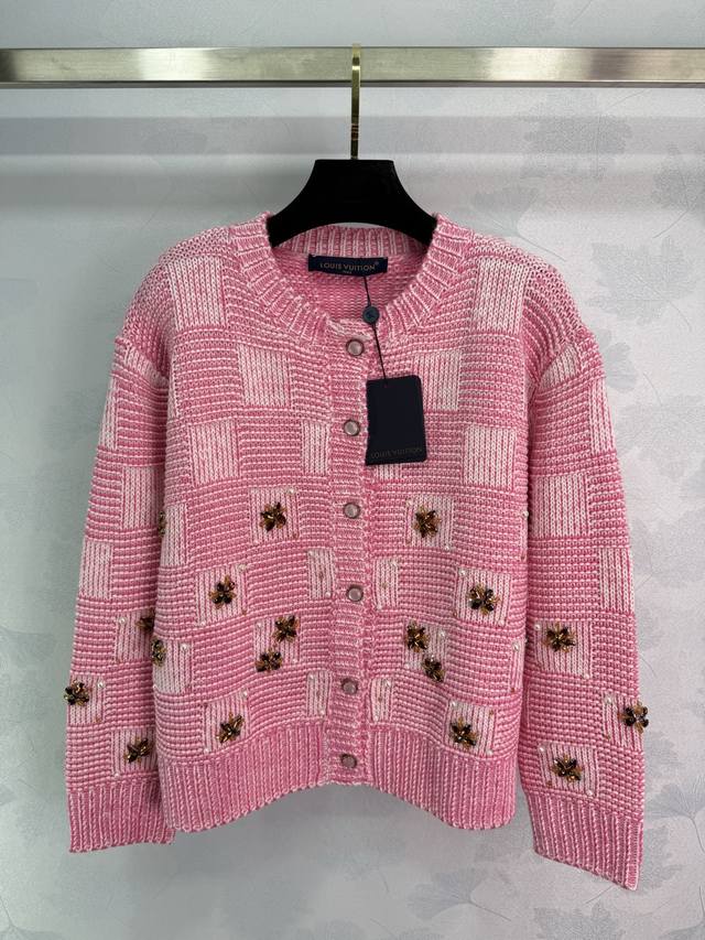 Lou*X Nigo collaboration pink knitted cardigan with a checkerboard pattern and g