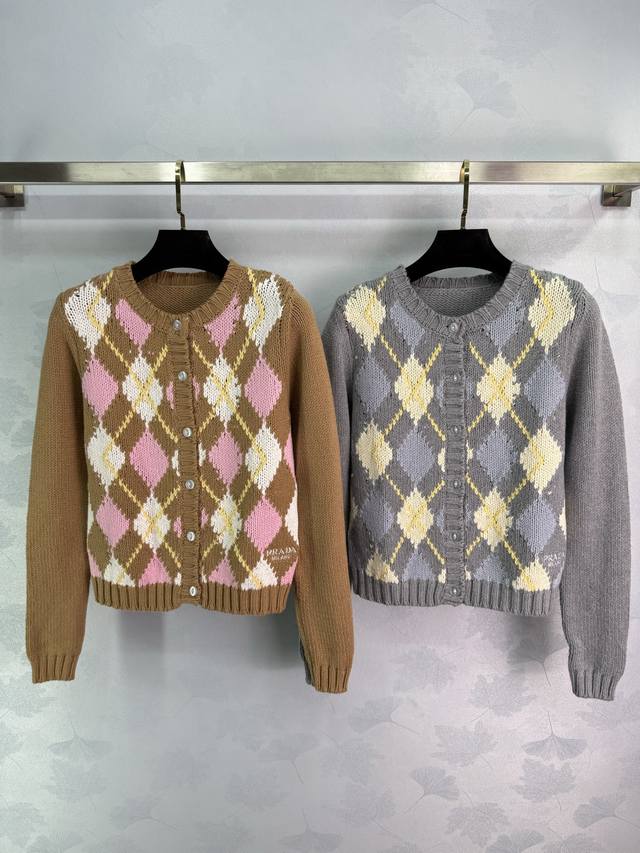 prad*New 2025 Early Fall diamond-patterned long-sleeved cardigan. Custom-woven f