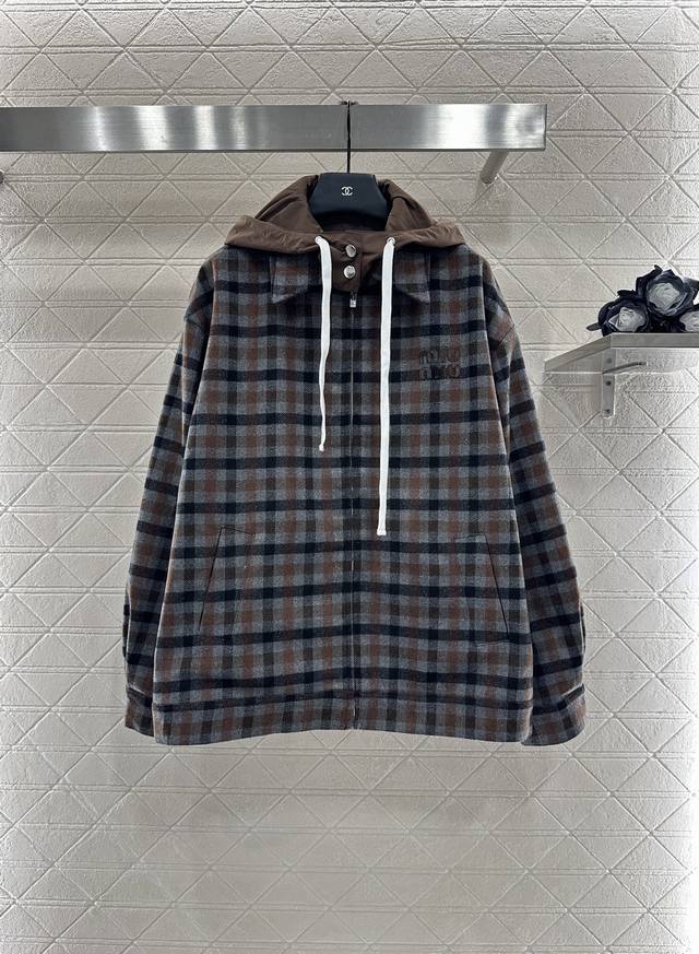 Miumi* 2025 New Arrivals Detachable Hooded Plaid Drawstring Jacket Custom Yb imp