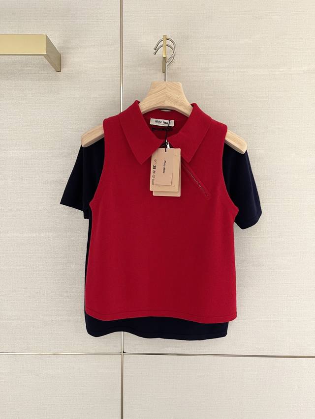 25New sleeveless lapel polo vest. The vibrant red top is not exaggerated, and it