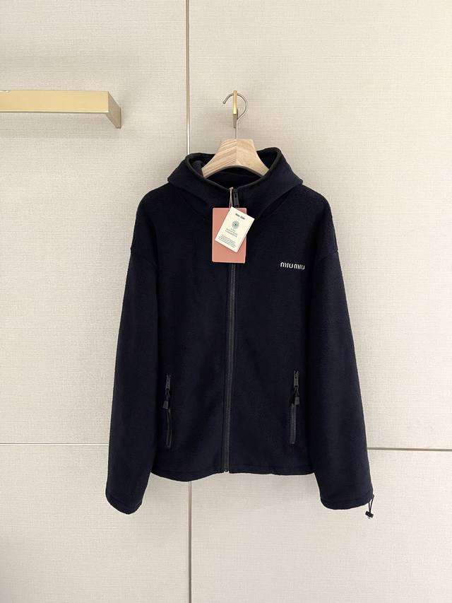 25New logo embroidered polar fleece hooded zipper jacket Miu's bomber jacket is