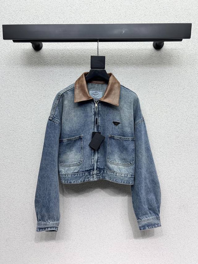 p leather collar denim jacket crafted in retro washed water, versatile and fashi