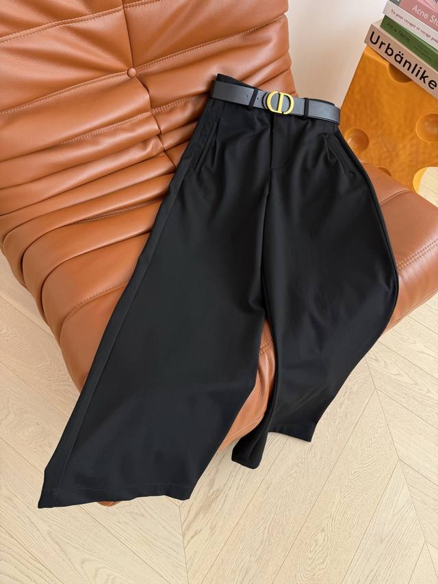 25Autumn and Winter Black Trousers with CD Letter Belt Decoration. These versati