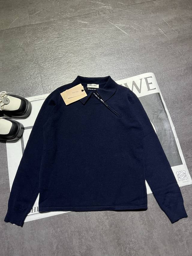 Miumi*25 Early Autumn new navy blue knitted lapel side zipper short long sleeves