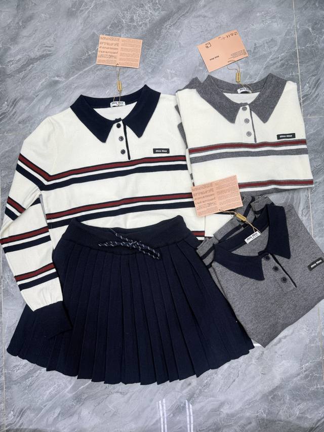 suit Miumi* age-reducing splicing contrast color striped knitted sweater pleate