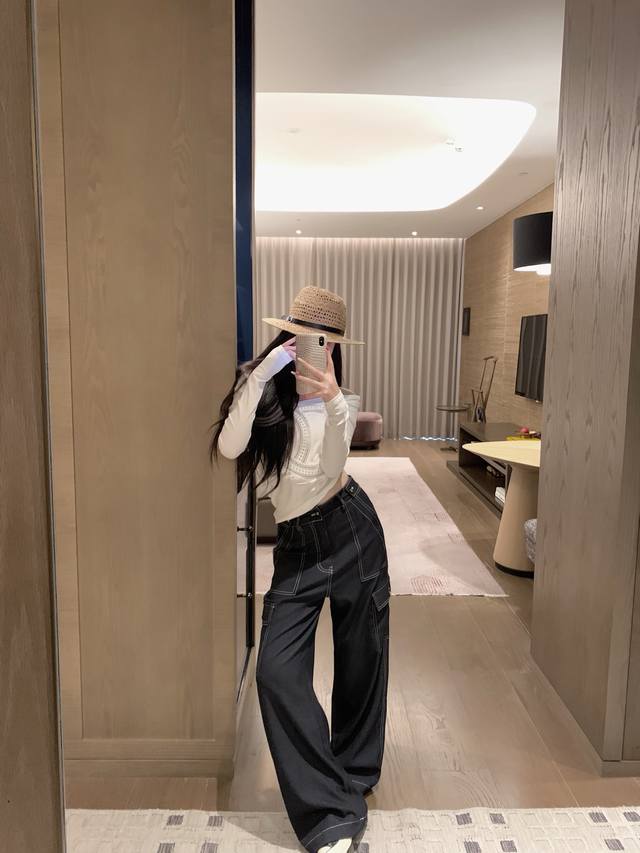 Xiaochan second-hand contrast color Tencel denim work pants Sml